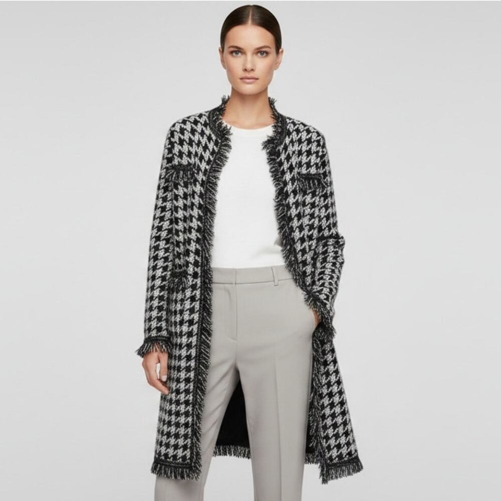 ZARA Houndstooth Fringe Knit Maxi Jacket Cardigan Coat Cozy Black White S/M